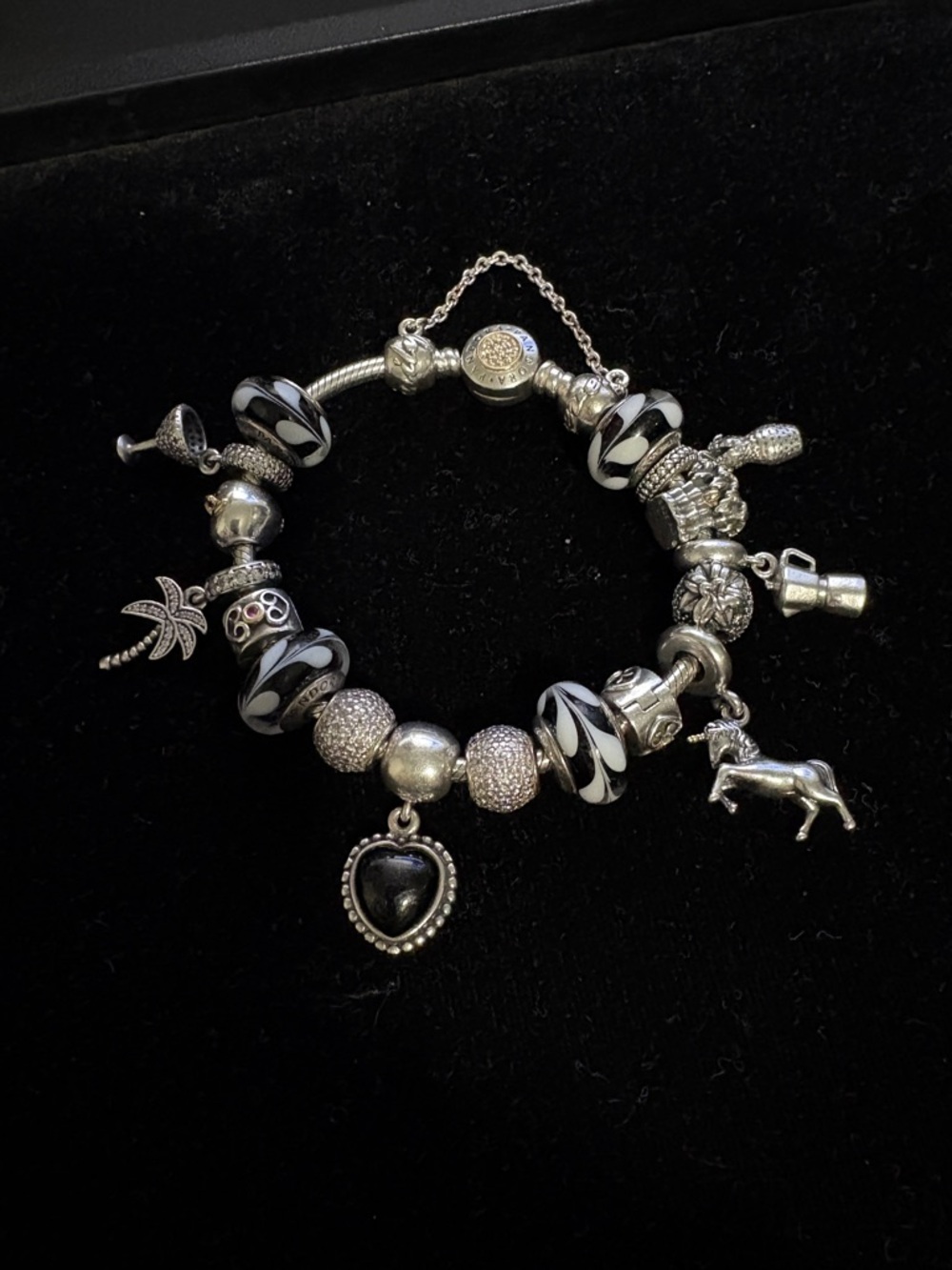 Pandora Silver Charm Bracelet with Black and White Glass Beads
